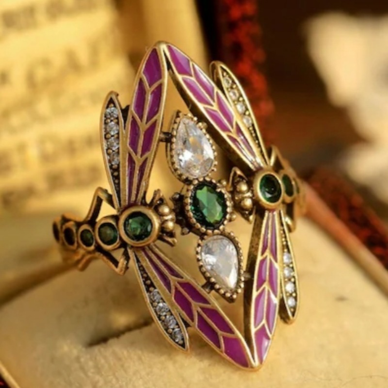 Art Nouveau Style Dragonfly Ring with Synthetic Zirconia